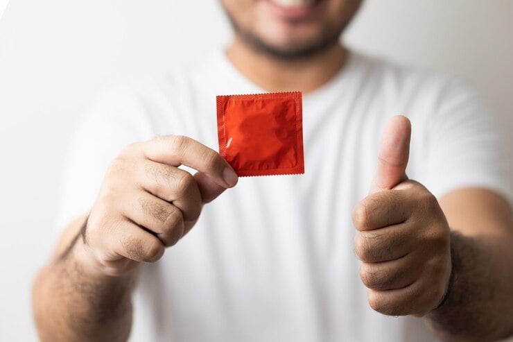 El joven mostrando el condón a la cámara campaña para el sexo seguro y la anticoncepción cerrar preservativos preservativo