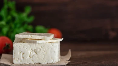 Gran trozo de queso feta sobre mesa de madera oscura. enfoque selectivo