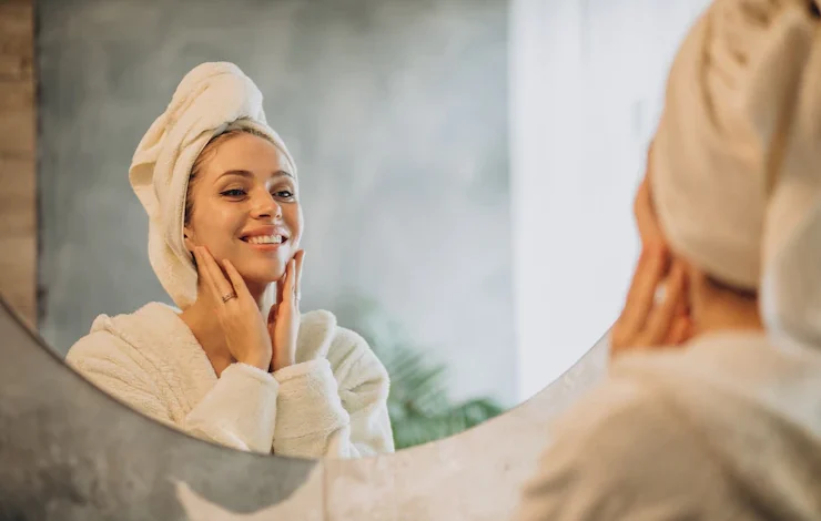 Mujer en casa aplicando mascarilla crema