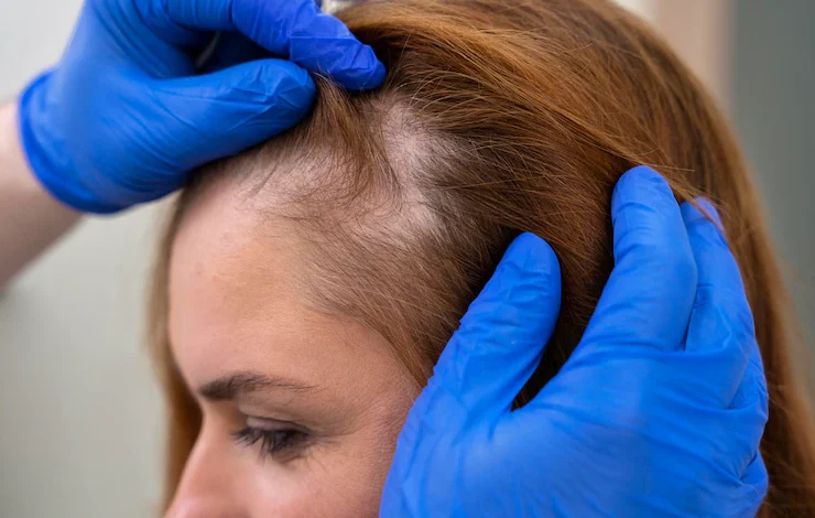 Mujer recibiendo un tratamiento de pérdida de cabello en una clínica estrés salud capilar