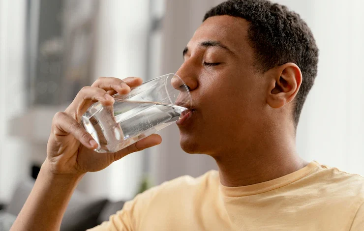 retrato de hombre en casa bebiendo un vaso de agua con mucha sed