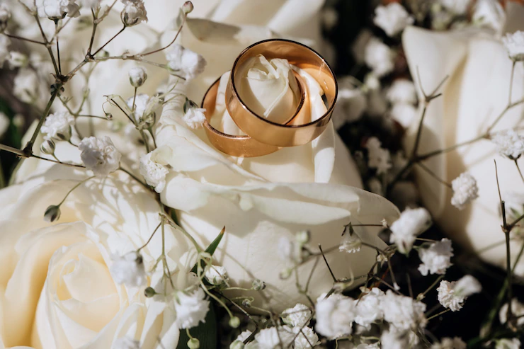 anillos de bodas de oro en la rosa blanca del ramo de la boda anciana