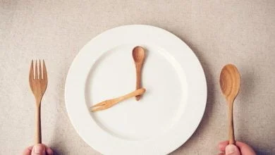 plato blanco con cuchara y tenedor, concepto de ayuno intermitente