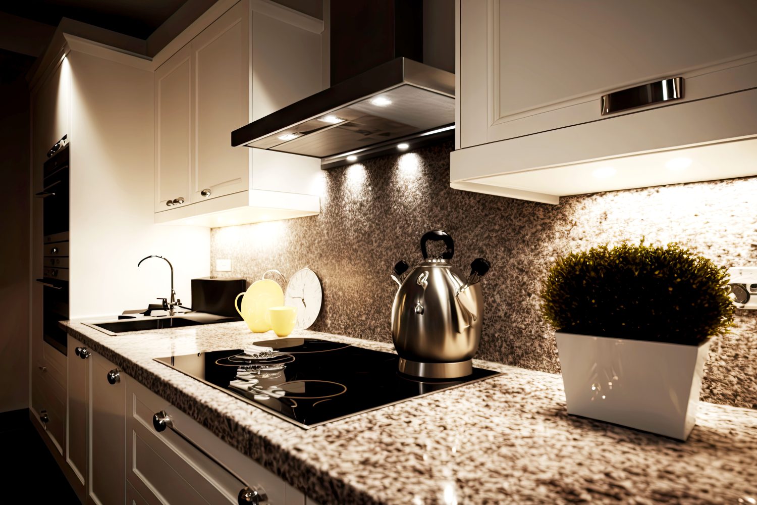 cocina moderna y elegante con encimera de granito y vitrocerámica en tonos blancos interiore